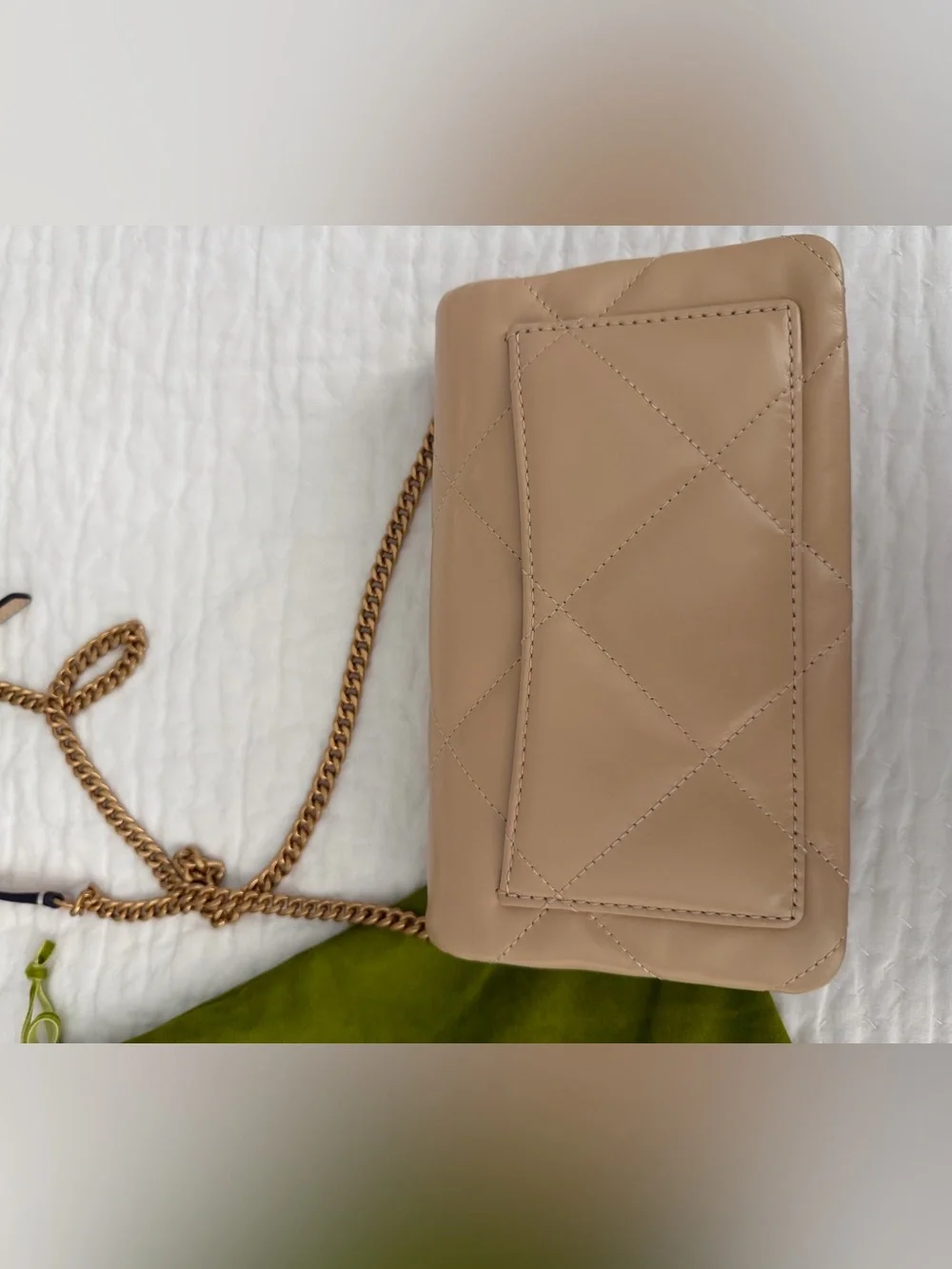 Tory Burch Kira Diamond Nude Beige Quilted Leather Crossbody with Gold Hardware